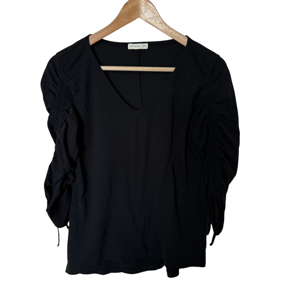 Cotton On Ruched Sleeve V-Neck Top Women S‎ Black Good Ruched Tie Sleeves
